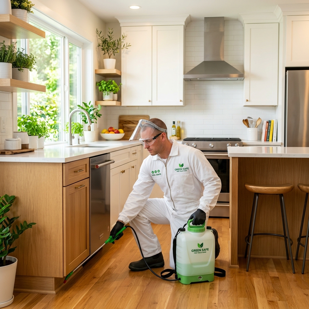 Pest Control Technician spraying safely in kitchen